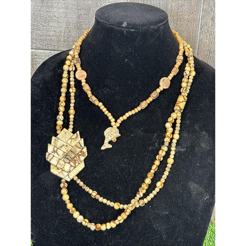 Vintage Boho Tribal Necklace Lot 2pc Beaded Ceramic Style Fish Pendant‎